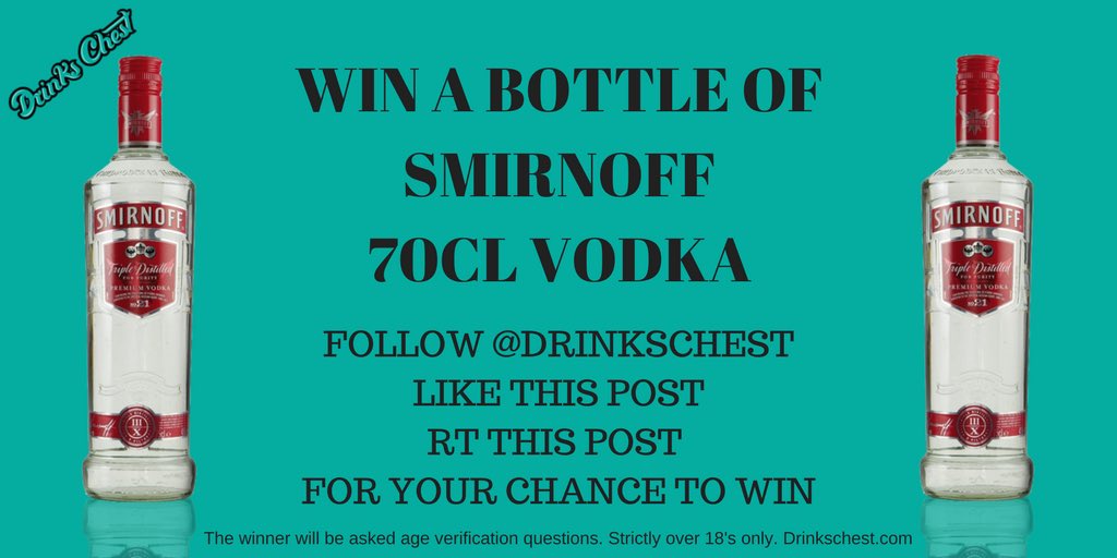 drinkschest's tweet photo. #win a 70cl bottle of Smirnoff Vodka! For your chance to win #follow us, #RT and like this post! 18+ only. #Competitions #Competition https://t.co/GAk8RFkJkN
