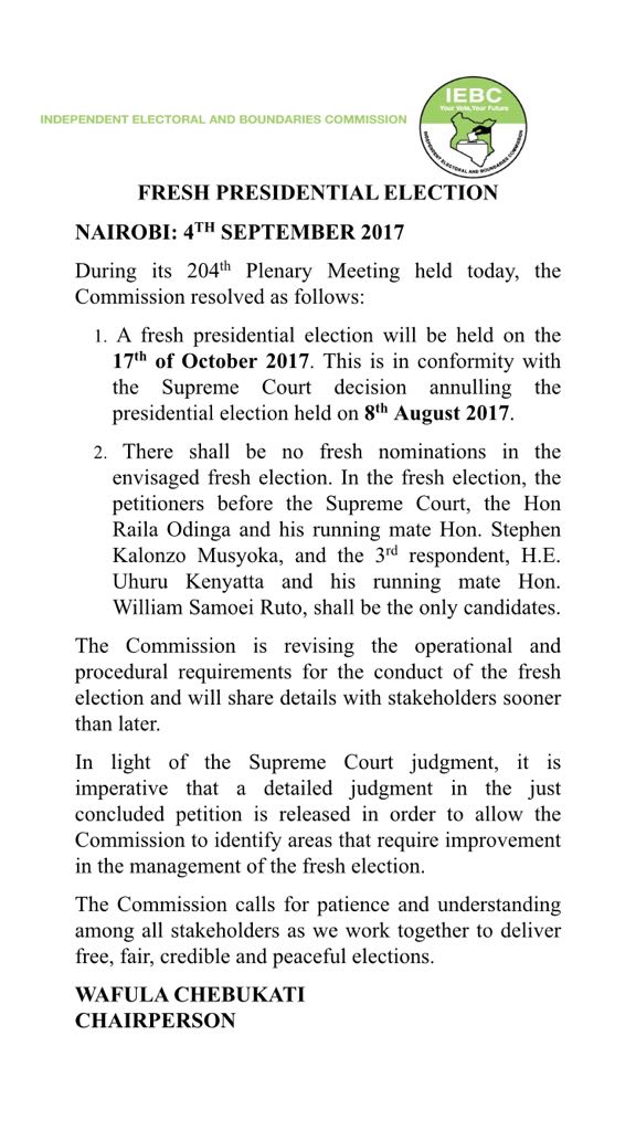 LarryMadowo's tweet photo. Only Raila Odinga and Uhuru Kenyatta will be candidates in fresh election to be held on 17th October, IEBC announces https://t.co/qPr45y2So0