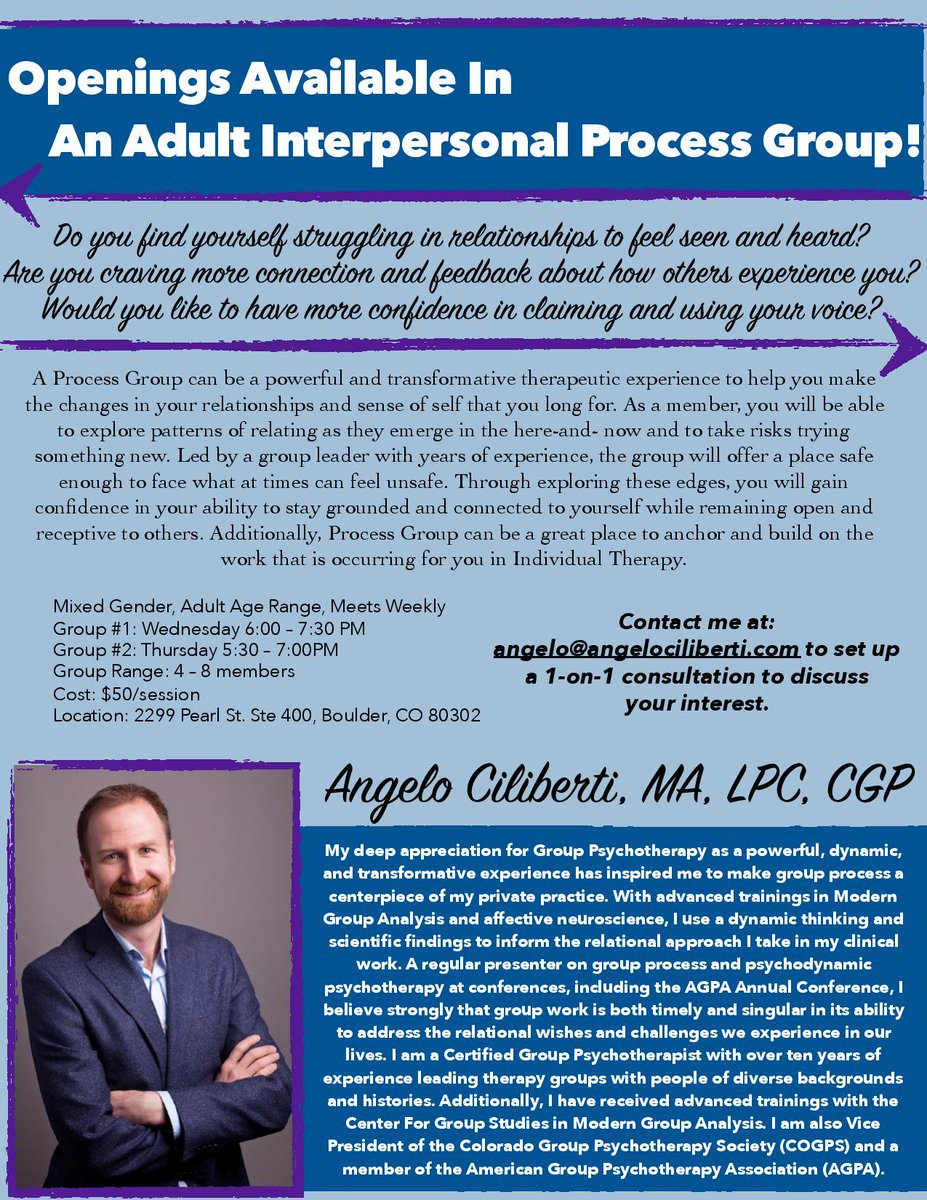FCGroupPsych's tweet photo. Openings in an Interpersonal Process Group led by our Vice-President Angelo Ciliberti! https://t.co/xXYkwFprYO