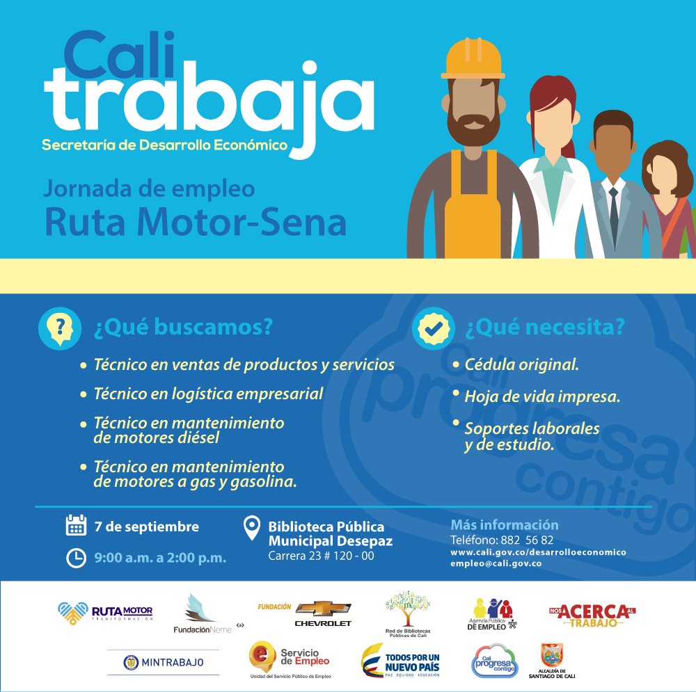 DEconomicoCali's tweet photo. Lo invitamos a participar de la jornada de empleo del programa #RutaMotor. #CaliProgresaConTrabajo. @AlcaldiaDeCali @SENAComunica https://t.co/o8c5gku1Td