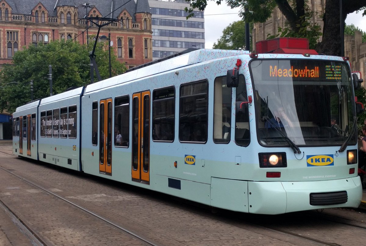 BrownPhilip's tweet photo. Stumbled upon the @SCSupertram redesigned by @IKEAUK!
With 8 moquettes; a new floor/ceiling design &amp; exterior livery it's certainly radical! https://t.co/FylZRk0K6f