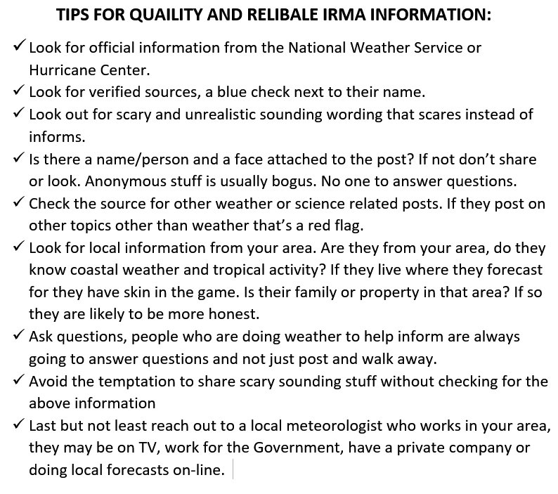wxbrad's tweet photo. So much bad information out there for all the wrong reasons. Here are some tips but not limited to these for #Irma info, just ask ?'s https://t.co/EBN0IbYLAC