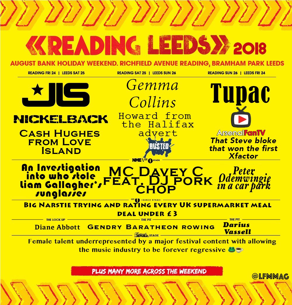 LFMmag's tweet photo. The leaked line-up for Reading and Leeds next year is unreal. 🔥🙏😩 https://t.co/q2gPtby7W3