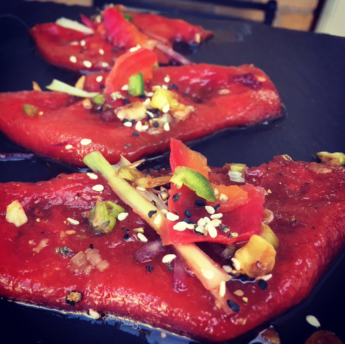 VeganChefLenka's tweet photo. #Rawvegan #tunastyle #carpaccio made from pressed #watermelon #plantbased #vegan #apetizers #horsdoeuvres @V4Veg @VeganShare https://t.co/3gQFj903iU