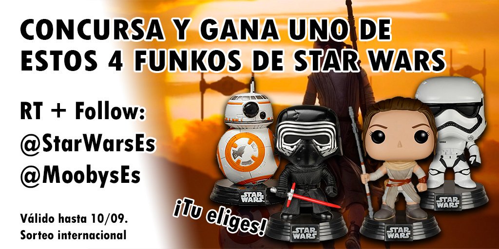 StarWarsEs's tweet photo. SORTEO internacional Star Wars EP.VIII -  The Last Jedi 👇

Haz RT, sigue a @MoobysEs y @StarWarsEs y ¡Participa!

Hashtag: #StarWarsFunko https://t.co/j42ypyLYJy