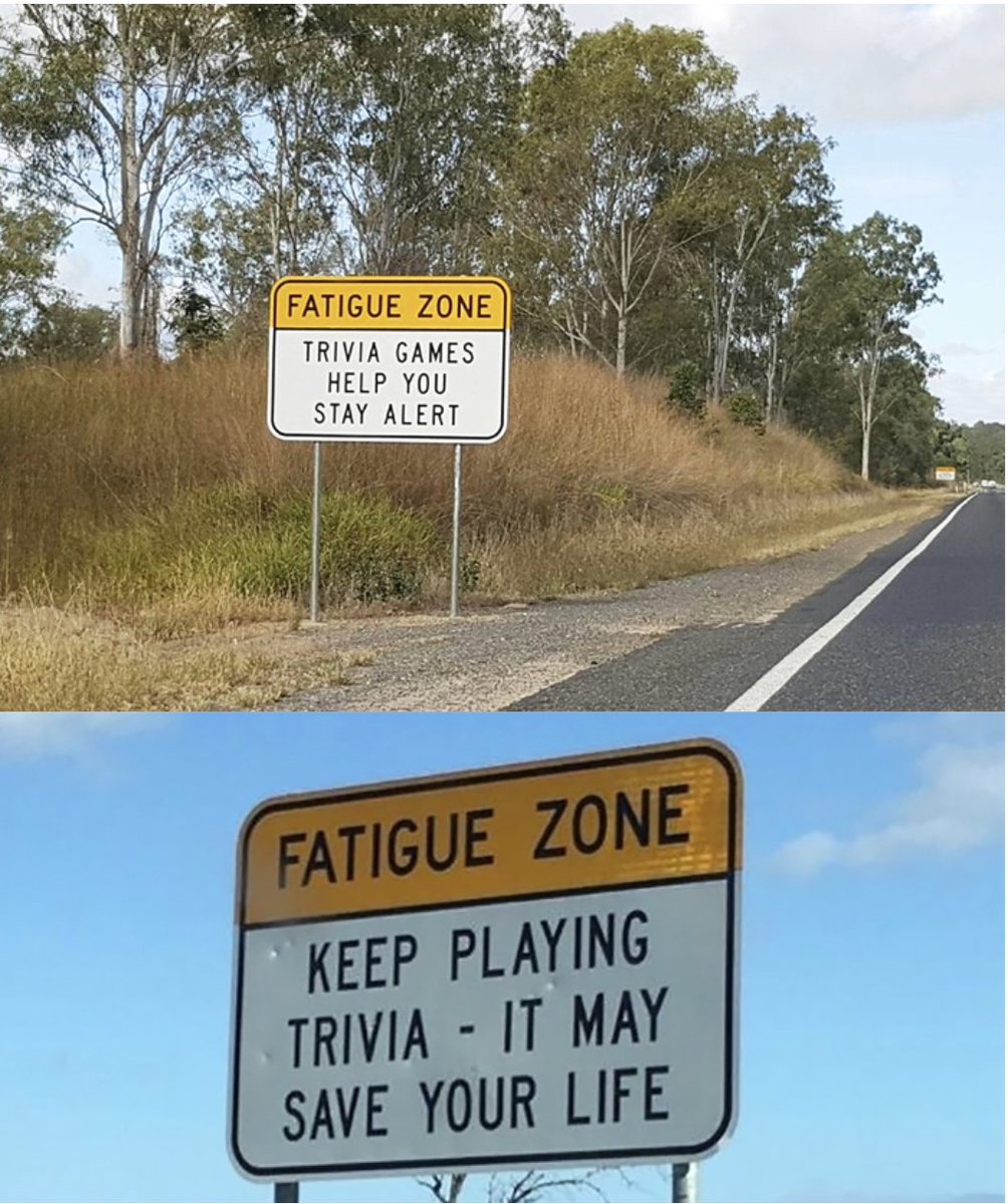 kenradio's tweet photo. Australia uses trivia signs to keep drivers awake on long &amp; boring roads, &amp; it’s genius https://t.co/4P7UuyeFfJ