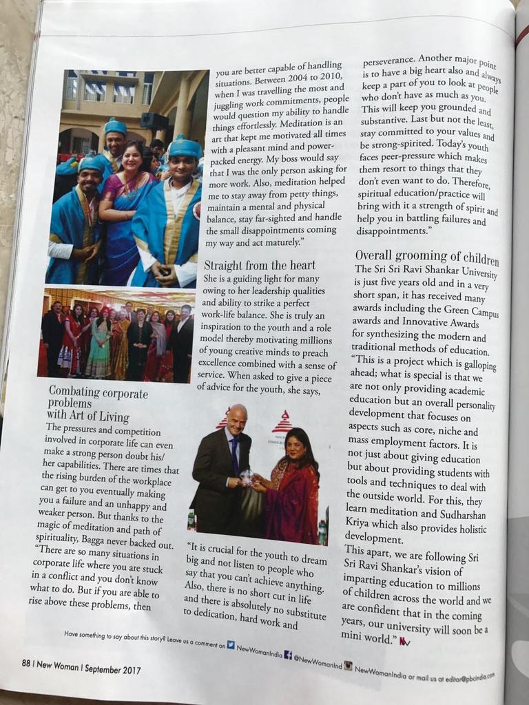 SriSriU's tweet photo. A Global leader, An Educationist, A Role Model for Youth & Our President @RajitaBagga 's inspirational story featured in #NewWomanMagazine https://t.co/pYUqjjmcZL