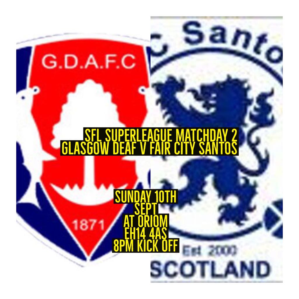Fixture: <a href="/sfl_superleague/">🏴󠁧󠁢󠁳󠁣󠁴󠁿 SFL Super League 🏴󠁧󠁢󠁳󠁣󠁴󠁿</a> Matchday 2 vs @FairCitySantos

<a href="/ScottishFutsal/">Scottish Futsal</a> <a href="/SFL_Glasgow/">SFL_Glasgow</a> <a href="/sfl_perth/">SFL - Perth</a> @ScotDeafNews @