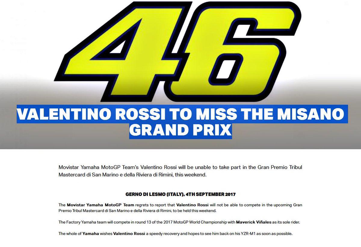 rossimania1's tweet photo. UPDATE: @ValeYellow46 will not compete at the #SanMarinoGP
#GetWellFast #VR46 #FORZAVALE46 ๐ช https://t.co/aXDjarHzeg