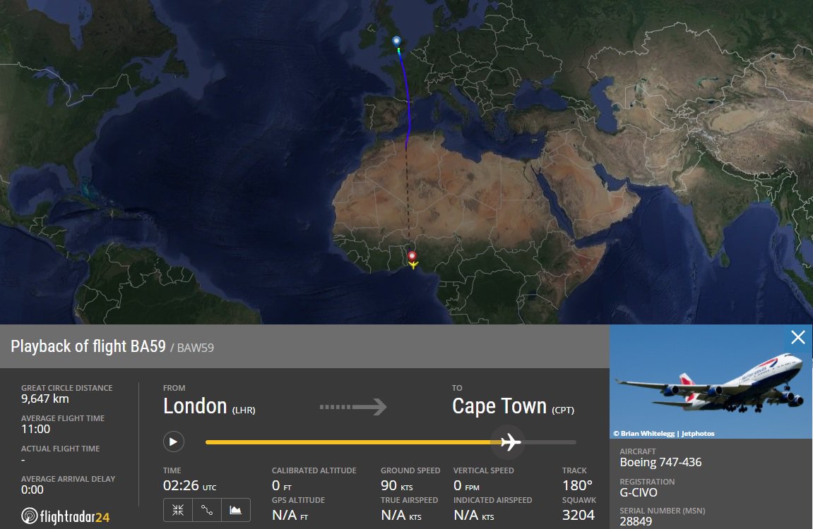 AirportWebcams's tweet photo. #BA59 London Heathrow-Cape Town (747-400 G-CIVO) diverted to Lagos at 0230UTC today with a medical emergency (info via BA Source). https://t.co/nNqL20Xid5