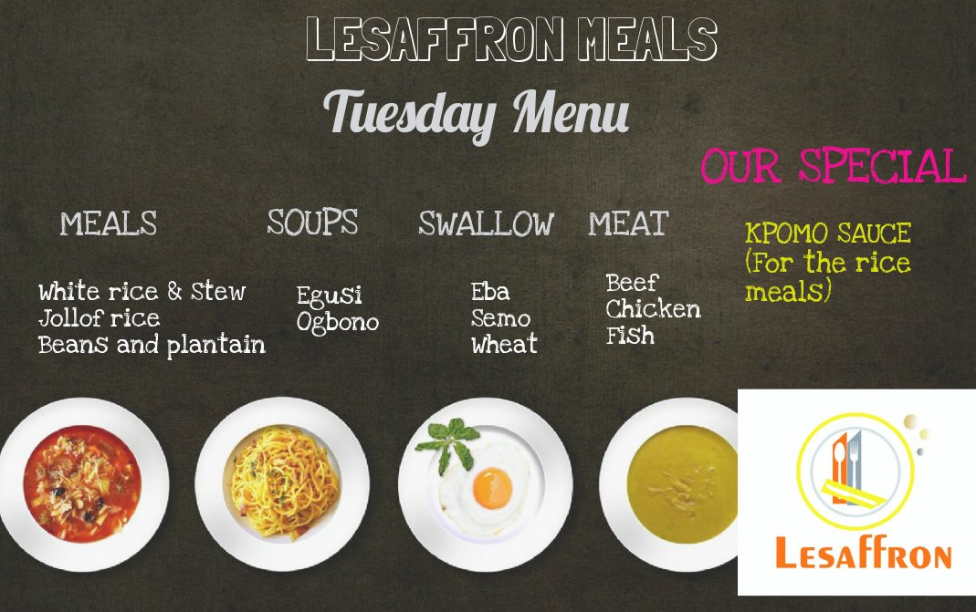 lesaffron's tweet photo. Our menu is out, so let the orders come in. TEXT/CALL/WHATSAPP/DM to order our meals now. Notice our special? It's as tasty as it sounds. https://t.co/qtK1FBHPoC