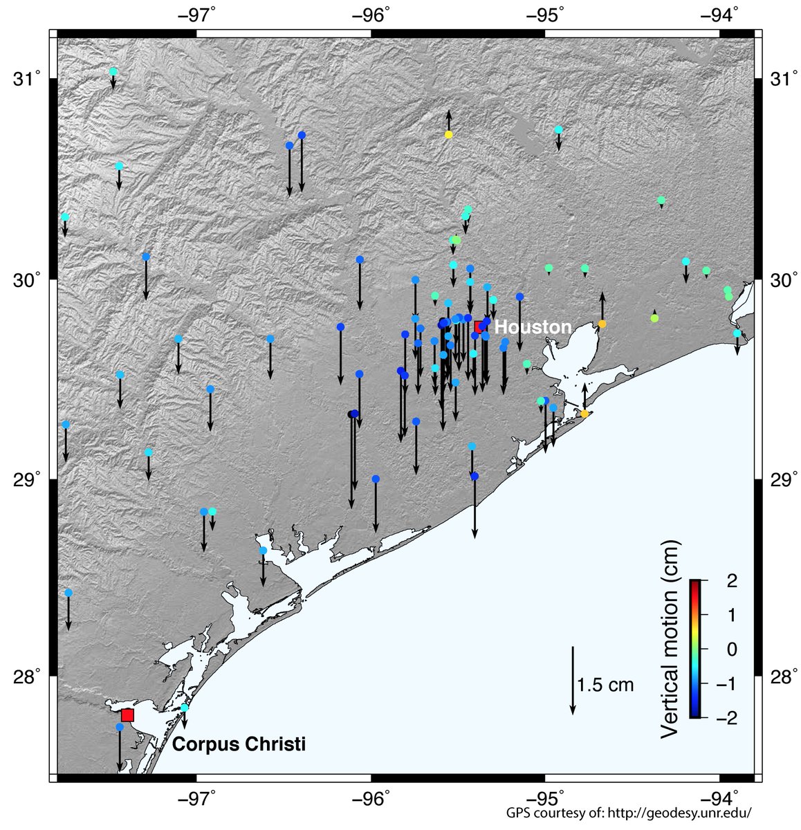 GPS data show #Harveyflood was so large it flexed Earth's crust, pushing #Houston down by ~2 cm! #EarthScience #HurricaneHarvey #txflood
