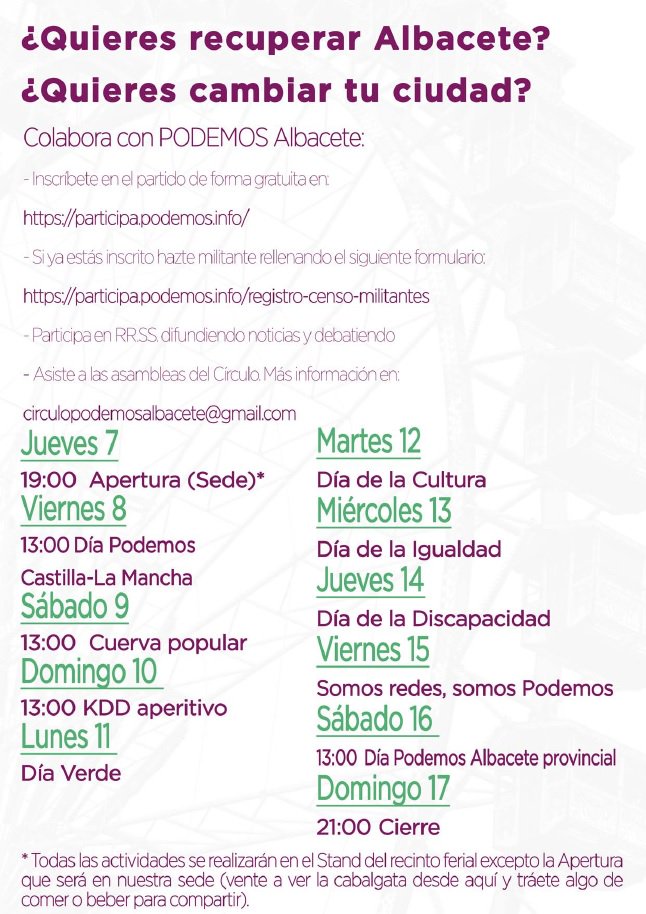 podemosalbacete's tweet photo. Llega la #feriadealbacete2017 y #Podemos tendrá stand.
¿Nos acompañas? https://t.co/R8CY5VTeXJ