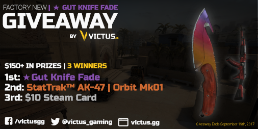 Victus_Gaming's tweet photo. We're giving away a Factory New Gut Knife | Fade + More! Enter here to win: https://t.co/luF2Z2K1qY #csgo #esports https://t.co/gz8OuuQxPC