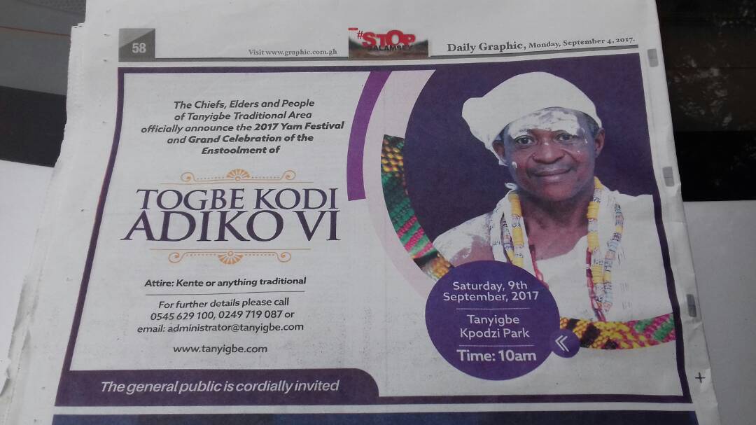 TanyigbeFamily's tweet photo. Today's edition of @Graphicgh featured the invitation to the Tanyigbe Annual Yam Festival and the celebration of my grand enstoolement. https://t.co/PbO45QOAB7