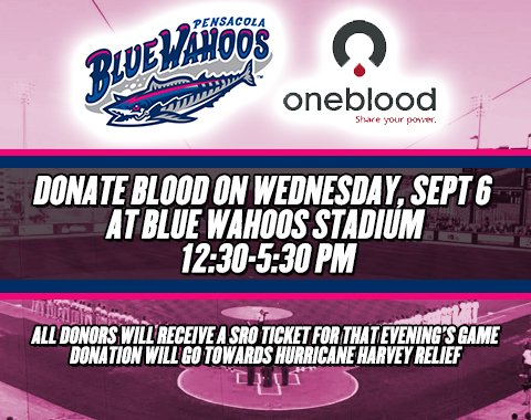 The Blue Wahoos &amp; <a href="/my1blood/">OneBlood</a> are teaming up for Hurricane Harvey Relief on Wednesday. Learn more: milb.com/blue-wahoos/ne… #WahoosLife