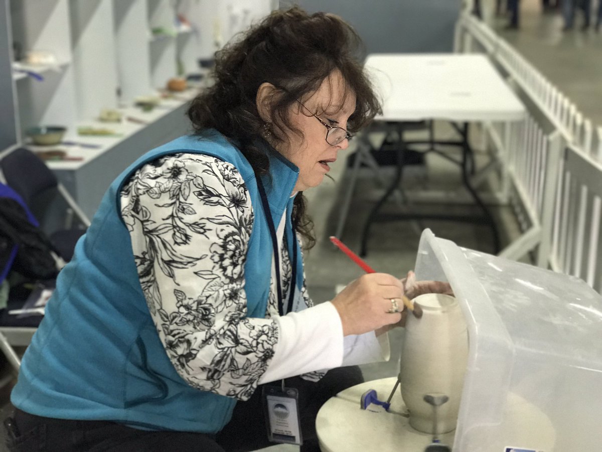 AlaskaStateFair's tweet photo. Lorie is a part of a collaborative group that does pottery in Irwin Exhibits and then donates the items to the Empty Bowl Project. #akfair https://t.co/qDfZ6duJJQ