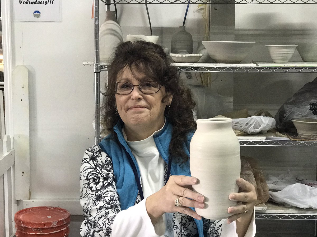 AlaskaStateFair's tweet photo. Lorie is a part of a collaborative group that does pottery in Irwin Exhibits and then donates the items to the Empty Bowl Project. #akfair https://t.co/qDfZ6duJJQ