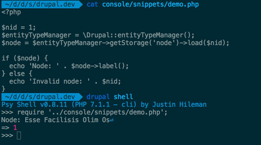 jmolivas's tweet image. I just discovered #DrupalConsole shell command can require an external #PHP file. Should we add the --file option to shell command? #Drupal8