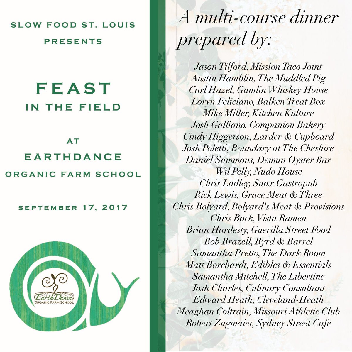 slowfoodstl's tweet photo. Announcing a stellar lineup #STL top chefs for #FeastInTheField @EarthDanceFARMS Get your tix https://t.co/h7s6iWssMn #FITF17 #SlowFoodSTL https://t.co/zZh3jdvFF3