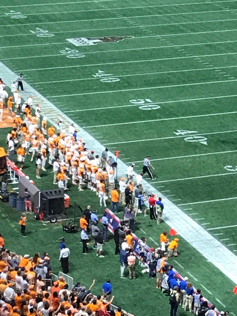 BarrettSallee's tweet photo. When Tennessee is on defense, there is a trash can being held up on the sideline.

Do with that what you will. https://t.co/6nhPJ1rIKo