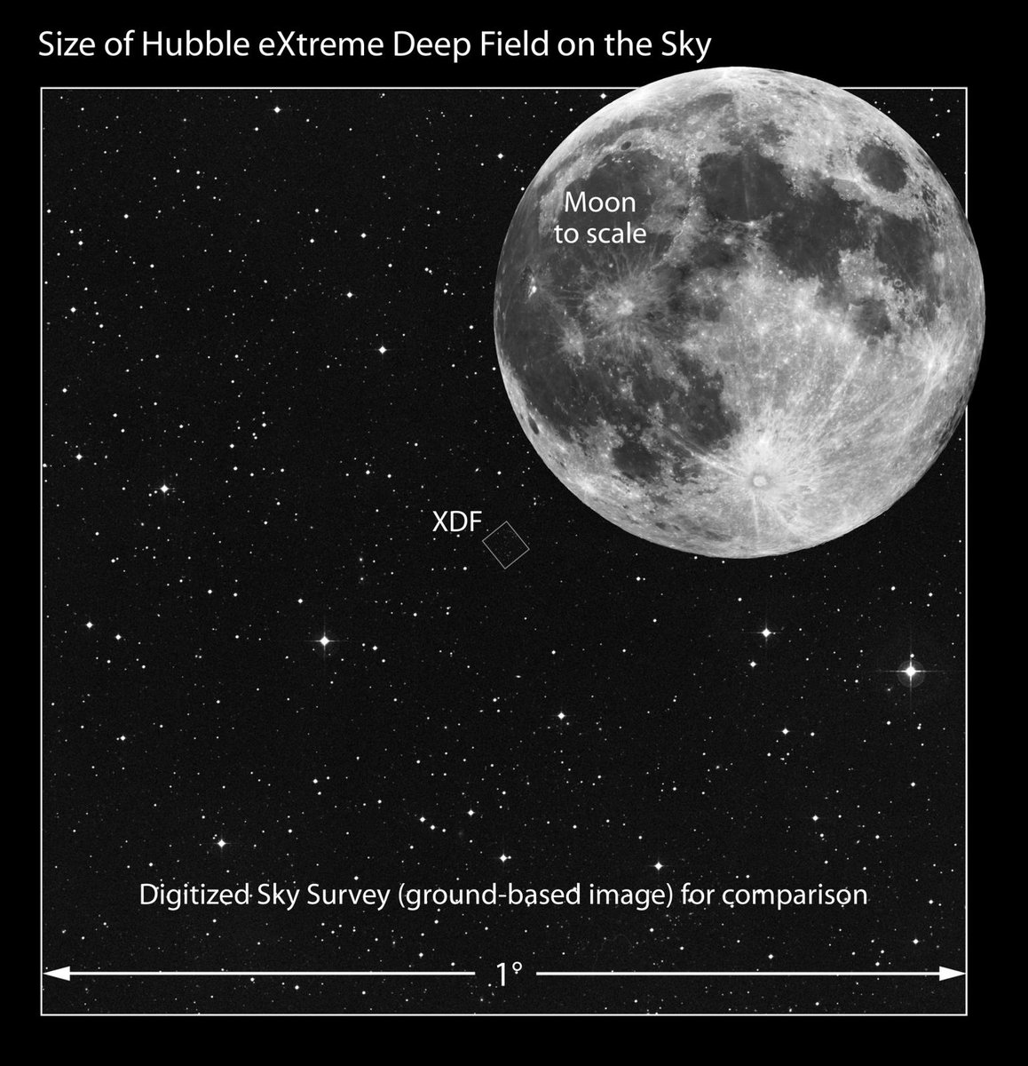 Step_Holt's tweet photo. "Size of #Hubble eXtreme Deep #Fieldon the #sky scaled to the Moon" #space #cosmos #nasa #universe https://t.co/sZZHgkZ0DH
