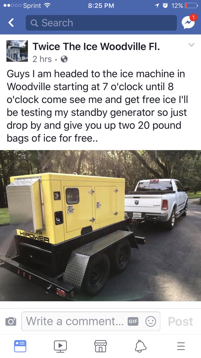 GrahamRocks18's tweet photo. Woodville folks: great offer for some free ice while this guy tests his backup generator before the storm!!! https://t.co/7TGWlkFWDS