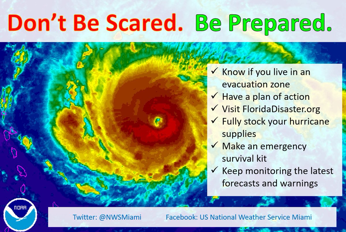 NWSMiami's tweet photo. 9/4/17 830pm: Hurricane #Irma -- Don't be scared, be #prepared! Visit https://t.co/CPjxIRBVYG, keep tuned to latest forecasts and warnings. https://t.co/GjW0tcMIqP