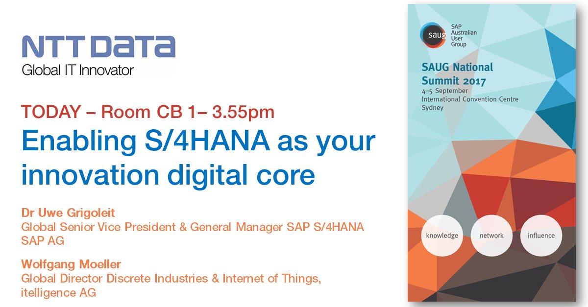 NTTDATABSAPAC's tweet photo. Don't miss our international speaker Wolfgang Moeller presenting at 3.55pm: Enabling S/4HANA as your innovation digital core #SAUGSummit https://t.co/7GKcbzsyz9