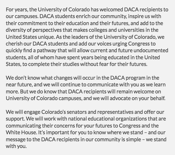 CUDenver's tweet photo. Message from CU leadership regarding #DACA students. Read the full statement: https://t.co/gaqsG0EryS #CUDenver #DACAWalkout https://t.co/cpCS7eT6fs