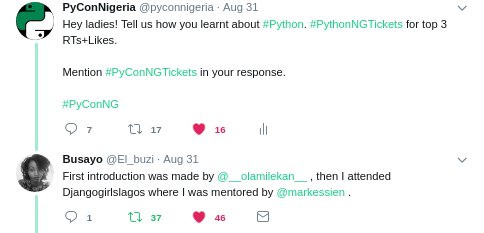 pyconnigeria's tweet image. We are keen to find out which 3 ladies will win #PyConNGTickets. Floor is still open. Go on and throw more weight behind them! #PyConNG2017