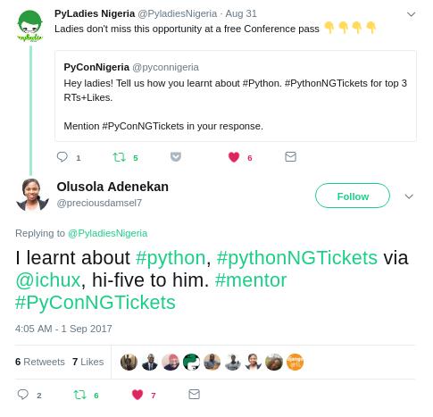 pyconnigeria's tweet image. We are keen to find out which 3 ladies will win #PyConNGTickets. Floor is still open. Go on and throw more weight behind them! #PyConNG2017