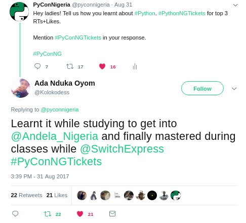 pyconnigeria's tweet image. We are keen to find out which 3 ladies will win #PyConNGTickets. Floor is still open. Go on and throw more weight behind them! #PyConNG2017