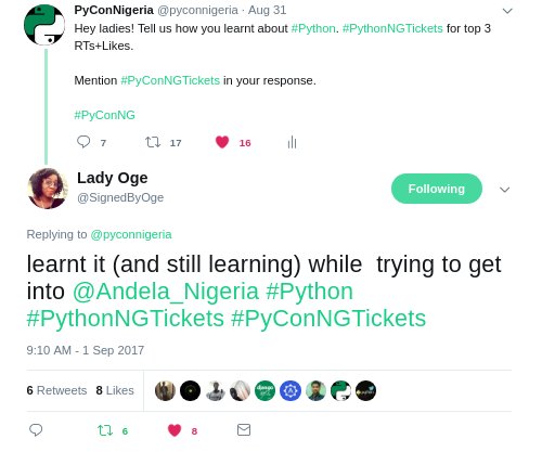 pyconnigeria's tweet image. We are keen to find out which 3 ladies will win #PyConNGTickets. Floor is still open. Go on and throw more weight behind them! #PyConNG2017
