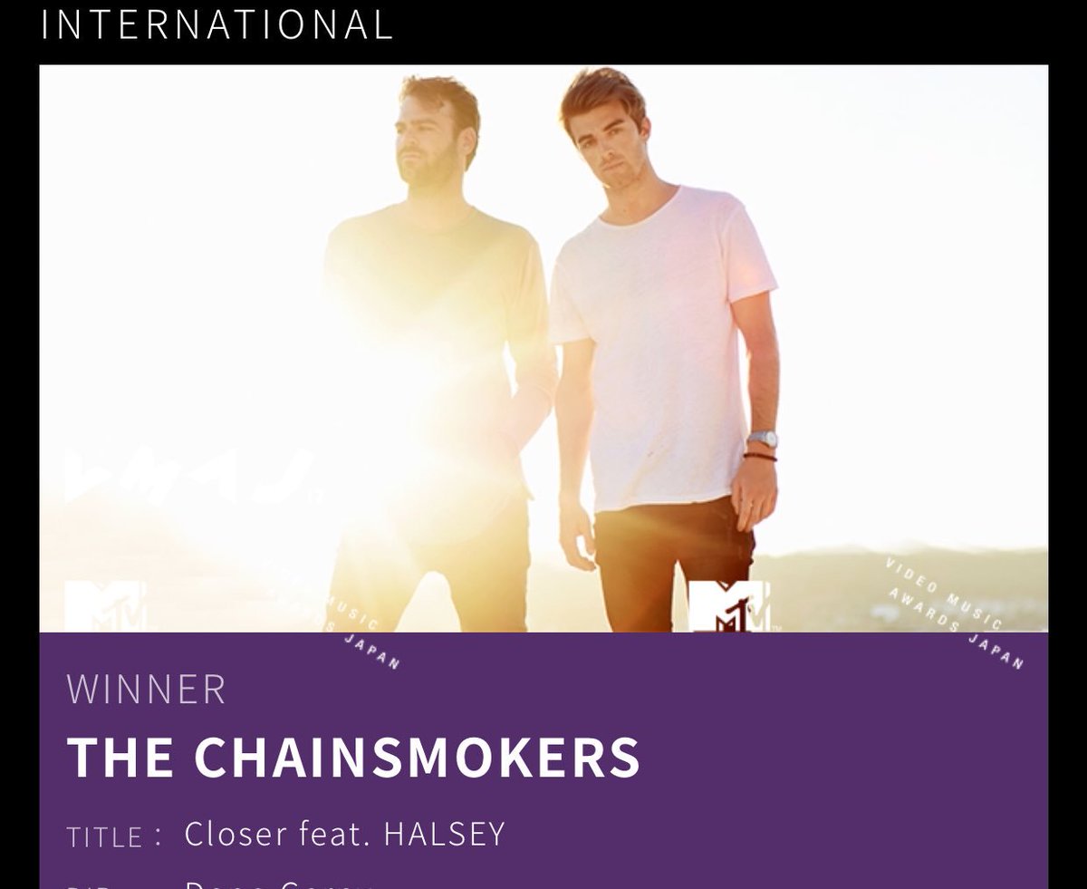 BestinPopCult's tweet photo. "Closer" won "Best Group Video - International" at the 2017 Video Music Awards Japan!!
@TheChainsmokers #TheChainsmokers #VMAJs #Halsey https://t.co/i0DTE2RZSR