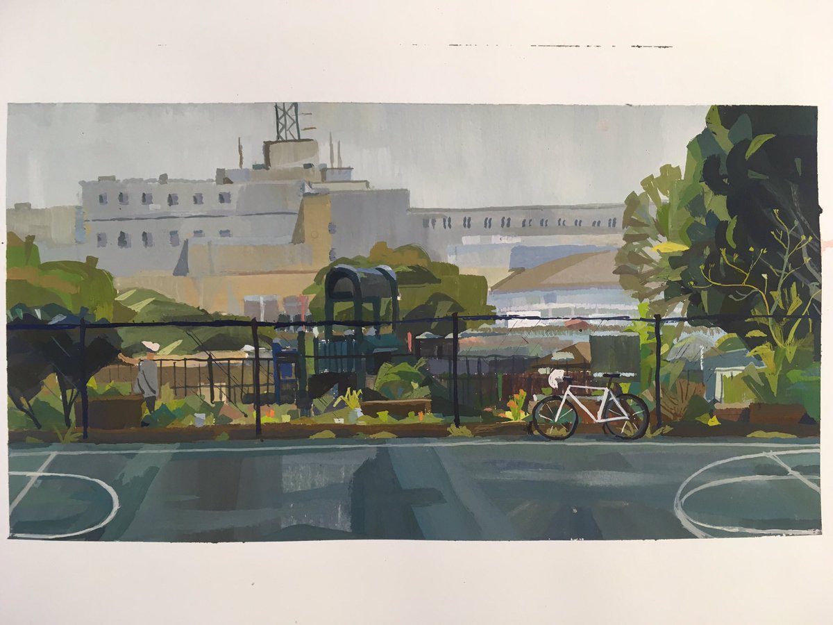 kjettpack's tweet photo. Went painting this morning at a park near @gamenest . That dystopian AF building is the SF sheriffs department /SF county jail btw https://t.co/V8tilZWD96