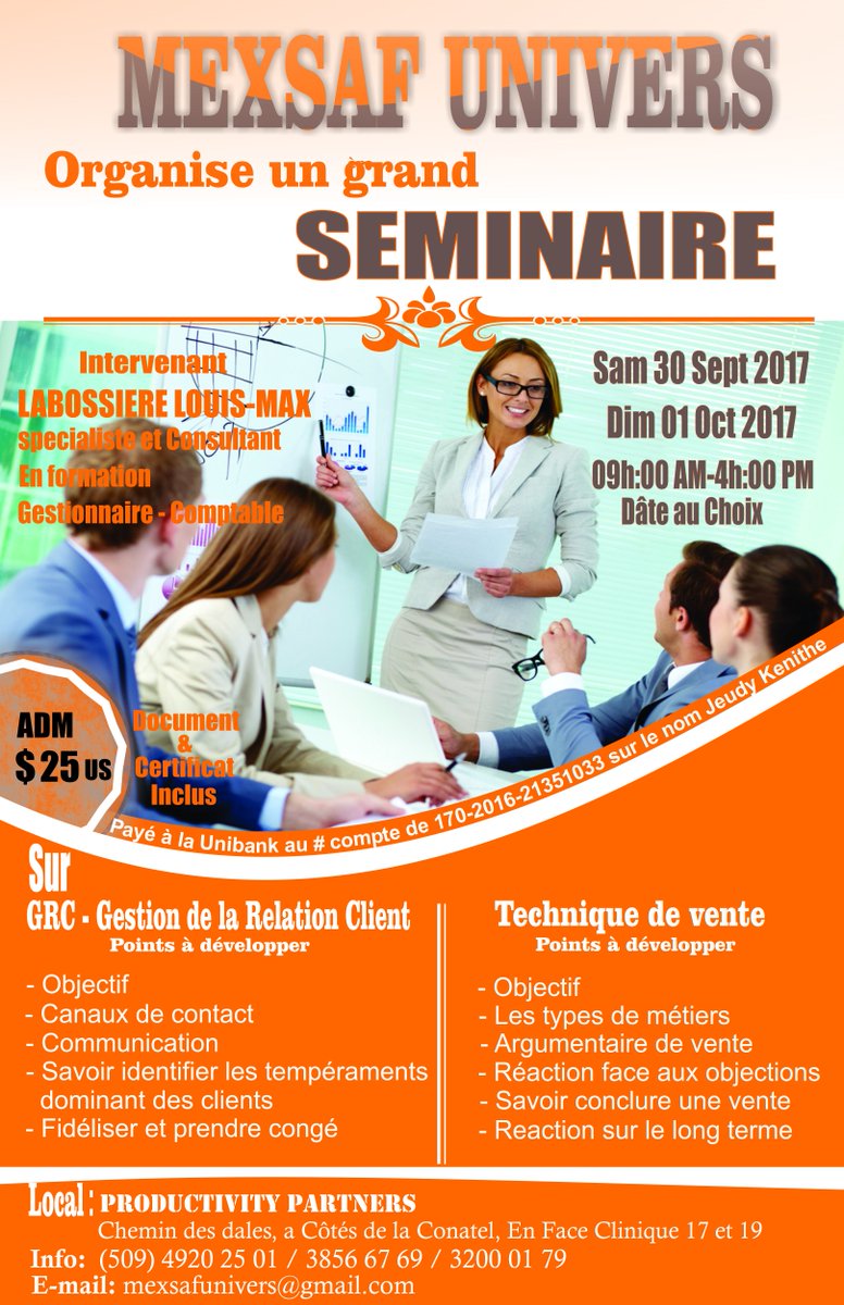 BigMarshal's tweet photo. Venez participer à ce séminaire sur la Gestion Relation Client et Techniques de vente. Le 30 sept.&amp;1er oct. 2017. Info: 3200-0179/4920-2501 https://t.co/46DiOCnJ7U