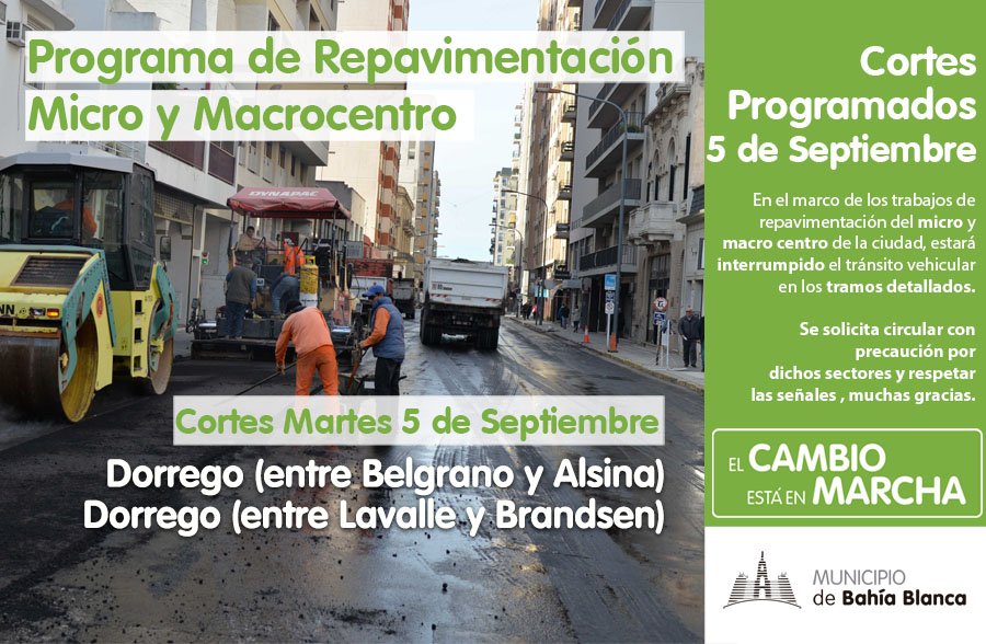 MunicipioBahia's tweet photo. Martes 5 de Septiembre - PROGRAMA DE REPAVIMENTACION en #BahiaBlanca: Cortes de calles 🚧 https://t.co/3QS5bOT4fN