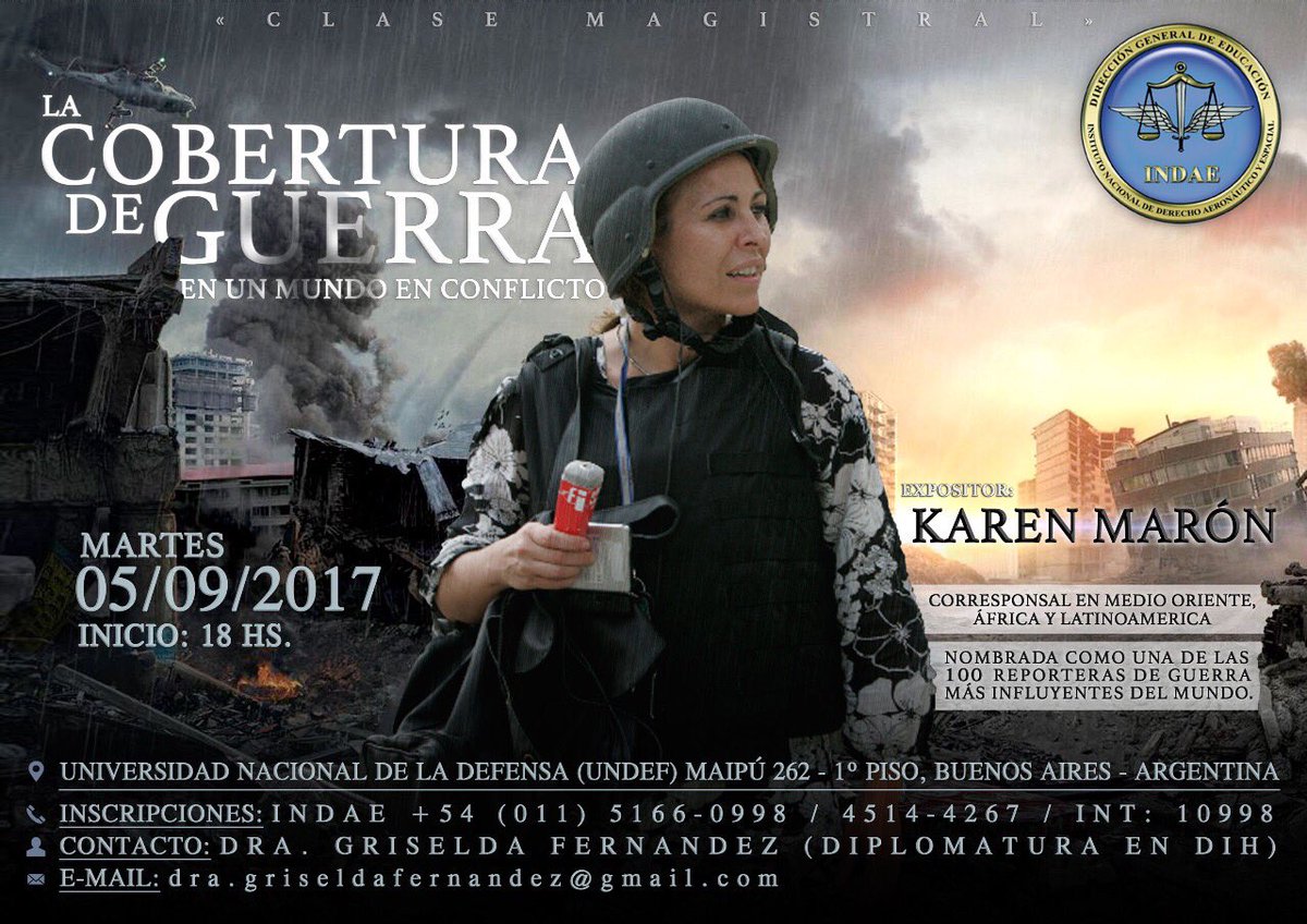 FuerzaAerea_Arg's tweet photo. #Mañana 18 Hs en la #UNDEF #KarenMarón brindará una charla sobre #CoberturaDeGuerra Todavía estás a tiempo de inscribirte #INDAE #FAA https://t.co/UW07PENKuv