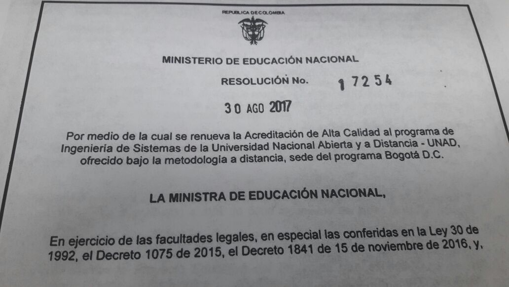 ClaudioCamiloG1's tweet photo. @UniversidadUNAD y #ECBTI celebran renovación de Acreditación de Alta Calidad programa de Ingeniería de Sistemas. https://t.co/2jlarF4z8G