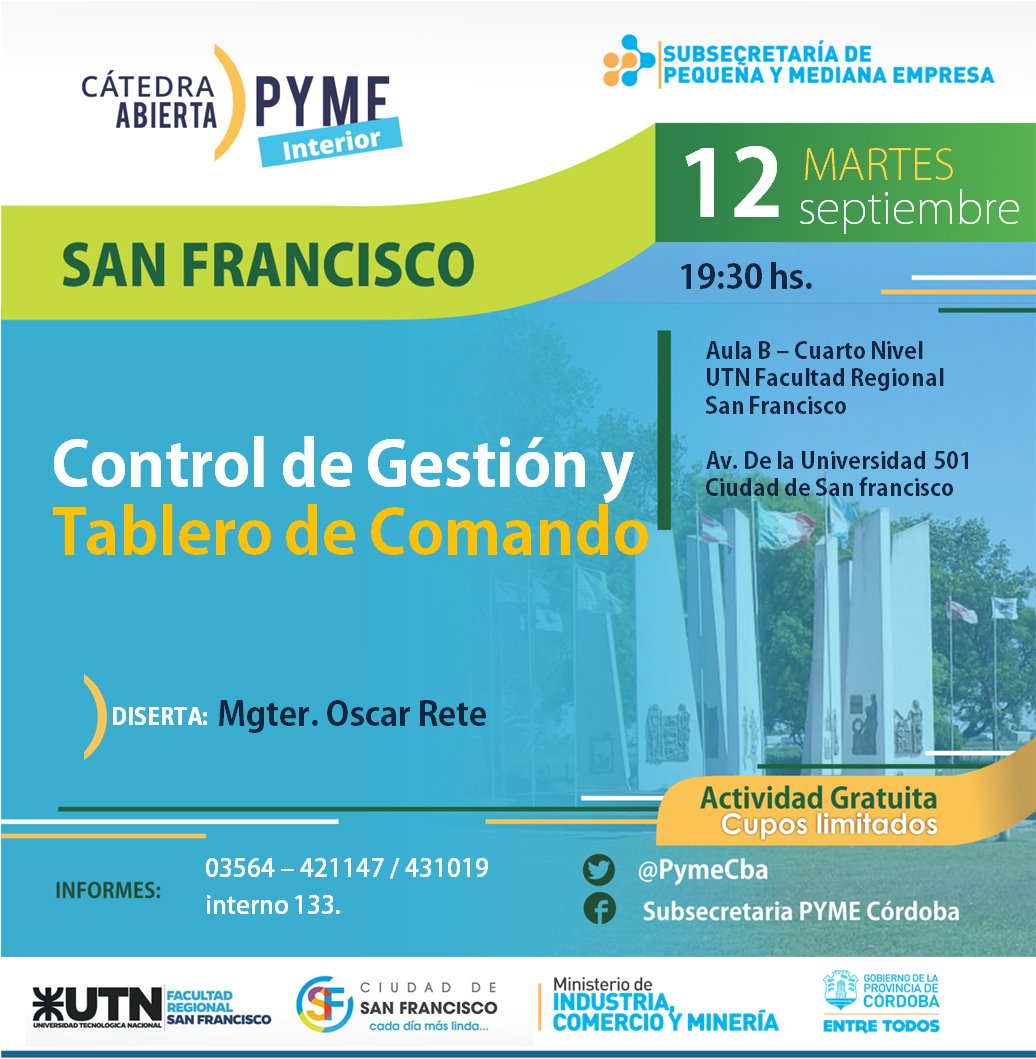 utnsanfco's tweet photo. Martes 12/09: Nueva #CátedraAbierta para #Pymes #Controldegestión y #Tablerodecomando 19.30 Aula B Cuarto Nivel https://t.co/GVA3E2Bycf https://t.co/I9U71Y9Jyy