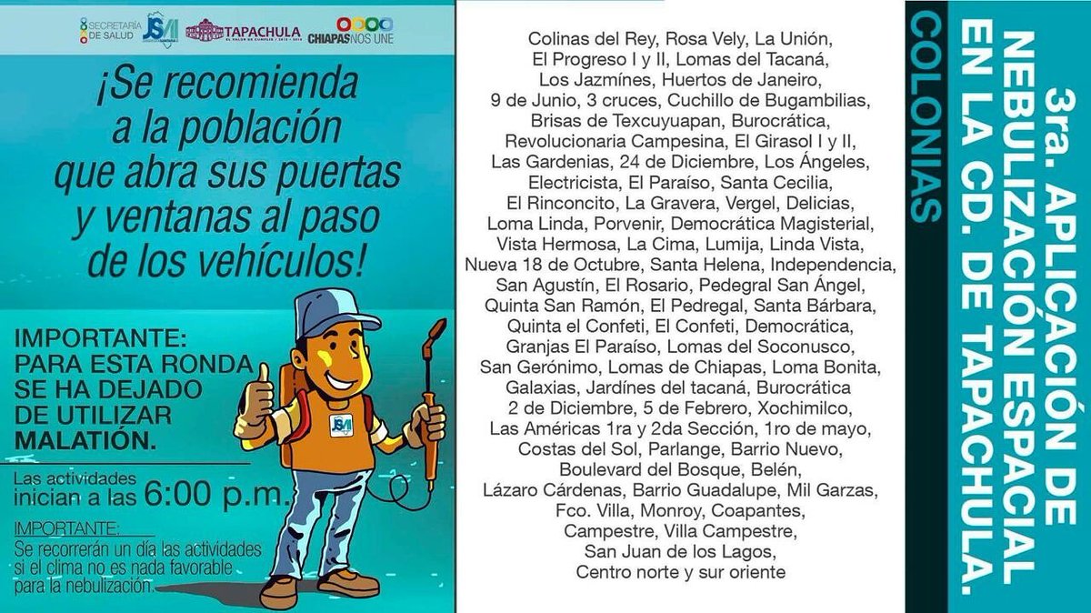 SSaludChiapas's tweet photo. ¡Súmate!. Continuaremos con la 3era. Aplicación de
#NebulizaciónEspacial en #Tapachula. ¡Abre puertas y ventanas!. @VelascoM_ @cenaprece https://t.co/2NiXIKn8Bo