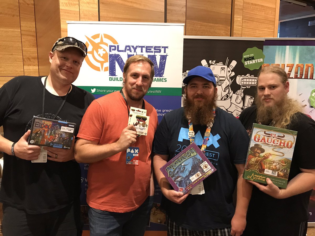 playtestNW's tweet photo. Our final winners at #PlaytestingAtPAX at #HyattOlive8 and win some games! Thanks to our sponsors @rttgamepub @BHGames @_dailymagic_ https://t.co/OpMK0mZlXP