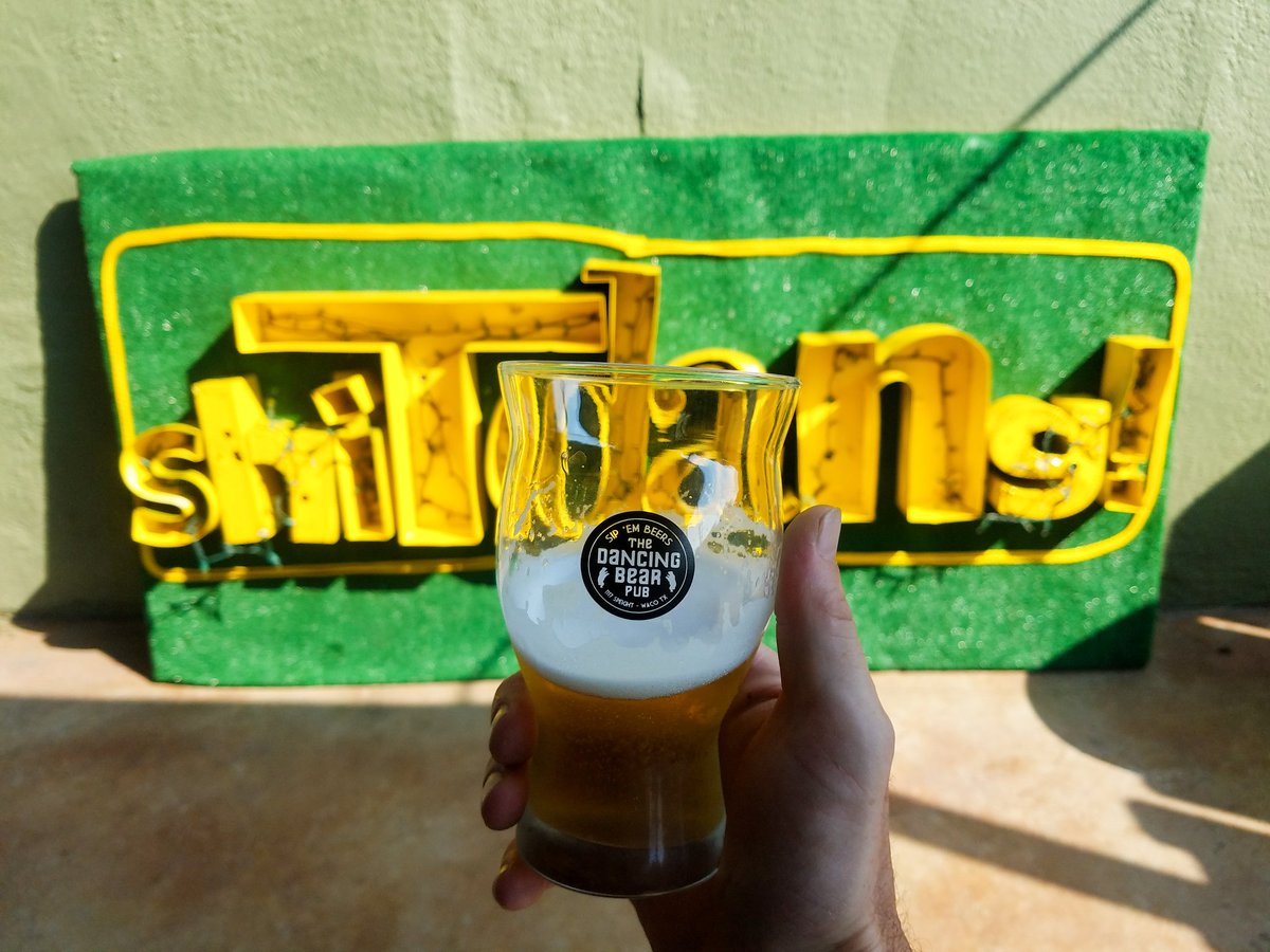 BeerPedaler's tweet photo. For a limited time, the sign of #shitdang is at home under the watchful eye of Panther at @Dancingbearpub. Next stop, probably @brashbeer. https://t.co/vNNmKpCFxe