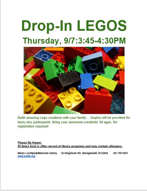 Drop in Family Lego will be held Thurs Sept 7, 3:45-4:30. We have the legos, you bring the fun!
