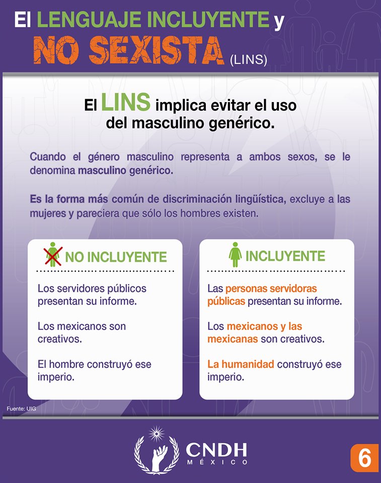 CNDH's tweet photo. El Lenguaje #Incluyente y #NoSexista (#LINS) pretende evitar el uso del masculino genérico. ¡Échale un vistazo a nuestra #InfografíaCNDH! https://t.co/RyygAxJ72M