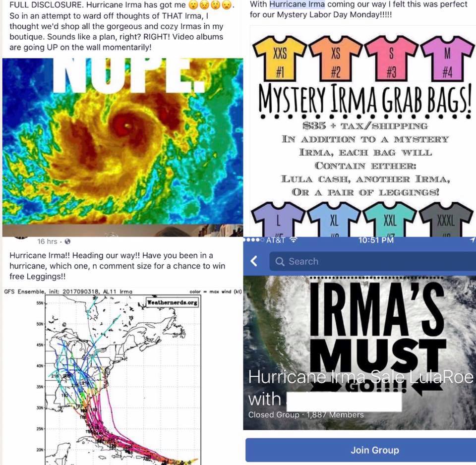 ConsumerAnnie's tweet photo. @LuLaRoe consultants capitalizing on terrible disasters. Any comment #LLR? @MyDyer_LLR  This is disgusting. #Shame #Classless https://t.co/lyMOrZG6Q9