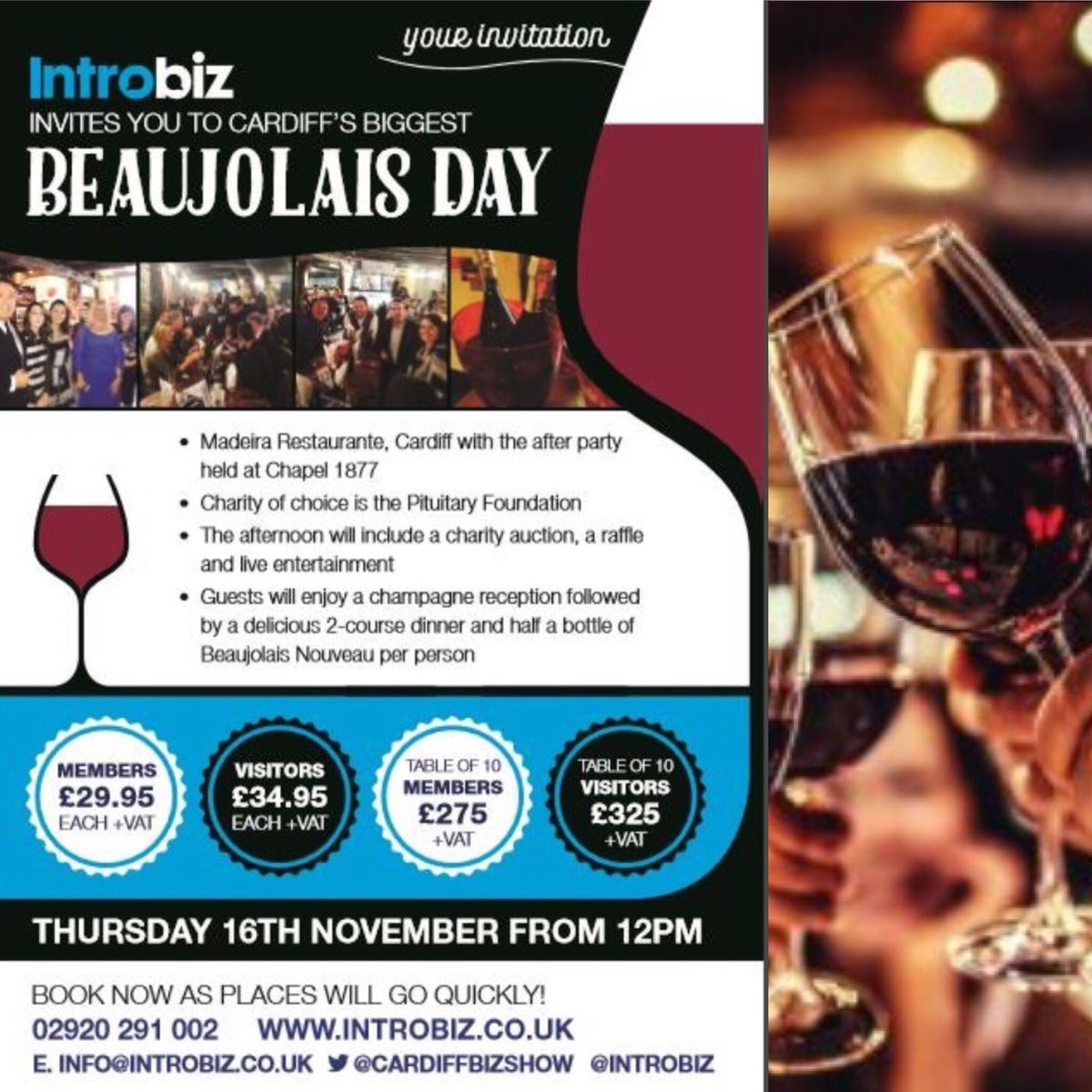 PaulPRSNTS's tweet image. Join us for 9th year #Cardiffs Biggest #Introbiz #BeaujolaisDay @Madeira_Cuisine Afterparty @chapel1877bar Nov 16th 🍷introbiz.co.uk/product/beaujo…