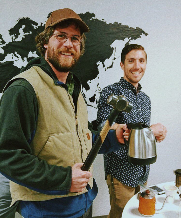 hammerandkettle's tweet photo. Meet the roaster, Tyler! (on the right.) In launching Hammer &amp; Kettle, he hopes to spread love, community and really good coffee. ☕ https://t.co/qo2Veoji30