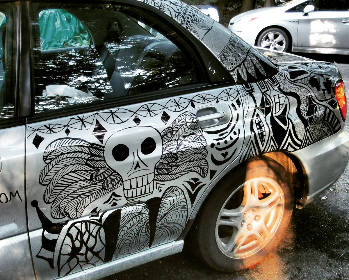 Daisy is sporting a Death's Head now. It symbolizes resurrection. To new beginnings! #Sharpie #ArtCar #sharpiedoodle #HistoryReimagined